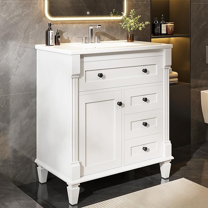 LIKIMIO 30 Inch Bathroom Vanity with Sink, Towel Holder & Adjustable Solid Wood Legs for Uneven Floor, Modern Bathroom Storage Cabinet with Tip-Out Drawer, 2 Drawers & Adjustable Shelf, White