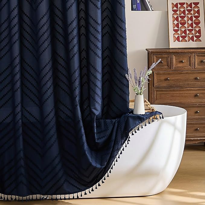 Siiluminisoy Extra Long Boho Navy Blue Shower Curtain, Woven Fabric Shower Curtain, 72 x 96, Tufted Striped Modern Chic Textured Cloth Shower Curtains Minimalist Bathroom Decor