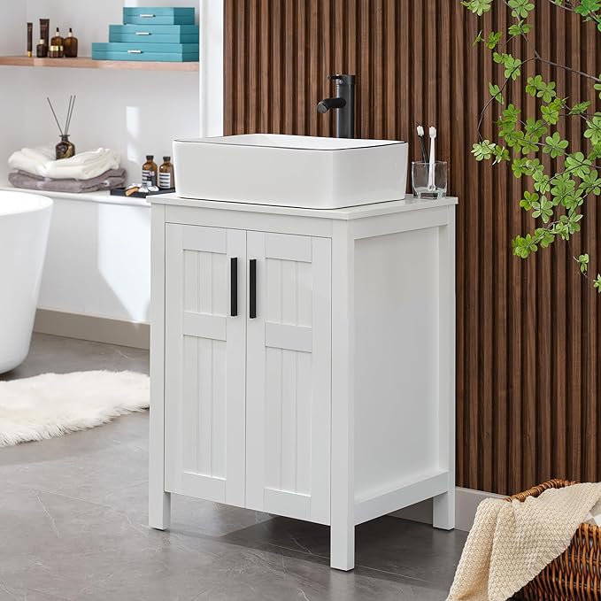 UEV White 24" Bathroom Vanity with Sink Combo,Modern Freestanding Sink Cabinet,Stylish Bathroom Vanity Cabinet,Grooved Double Doors,Metal Handles,with Modern Artistic Ceramic Vessel Sink Combo(031WH)