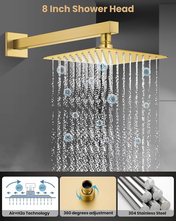 Airuida 8 Inch Brushed Gold Shower Faucet Set,Shower Valve Kit | Rainfall Shower Head and Handle Set,Female Thread Rough-in Valve Shower Kit,Single Function Shower System