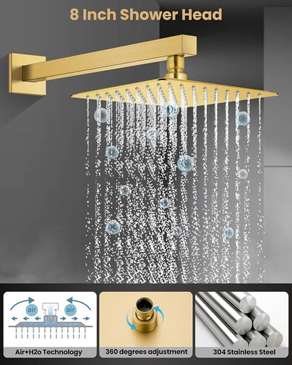 Airuida 8 Inch Brushed Gold Shower Faucet Set,Shower Valve Kit | Rainfall Shower Head and Handle Set,Female Thread Rough-in Valve Shower Kit,Single Function Shower System