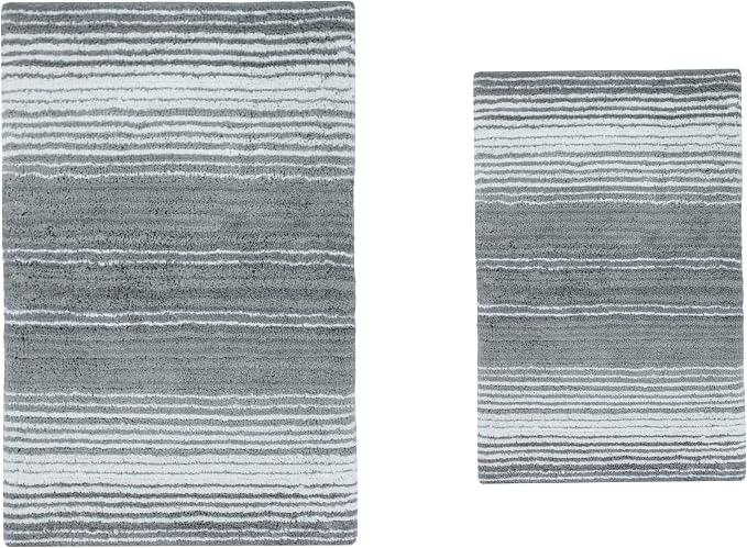 Home Weavers 100% Cotton Gradiation Collection Bathroom Décor | Washable Rug | Bathroom Mat | Kitchen Mat | Bathroom Rug Set | Bath Mat Set | Bath Floor Mat Non Slip, 2 Piece Set(S+M), Gray