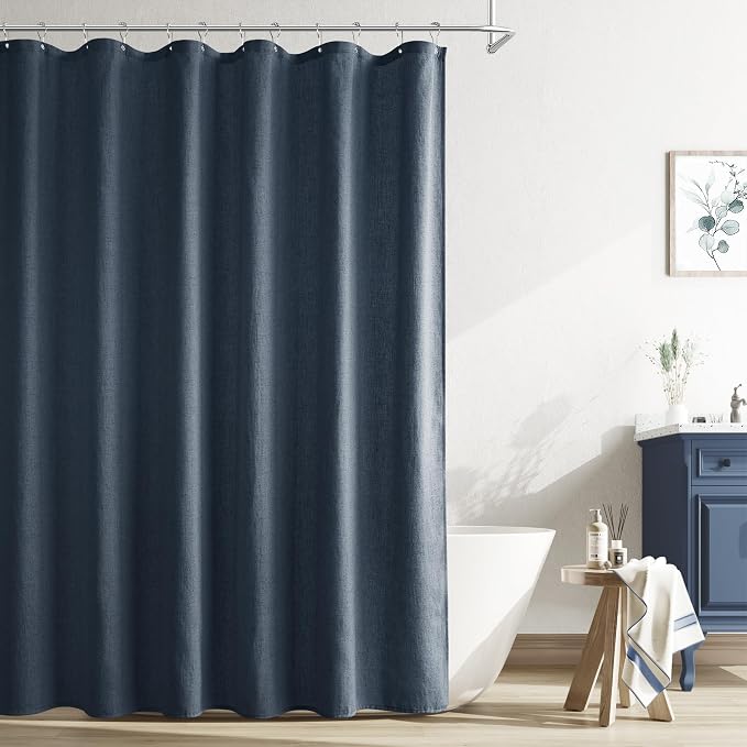 Denim Blue Linen Shower Curtain, Country Boho Farmhouse Bath Decor Shower Curtains Neutral Cloth Weighted Textured Fabric Bath Curtain Liner with Hooks, 72x78