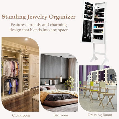 Moccha 18 LEDs Standing Jewelry Armoire, Large Lockable Jewelry Organizer, Mirrored Jewelry Cabinet with Full Length Mirror, 1 Inside Makeup Mirror, 4 Storage Shelves, 16 Lipstick Holders, White