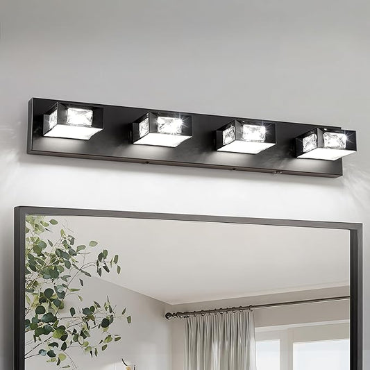 Joossnwell Black Vanity Light for Bathroom (4-Light, 28-Inch) Crystal Bath Light Fixtures 5CCT Dimmable Modern Led Bathroom Light Over Mirror with 350°Rotatable Head