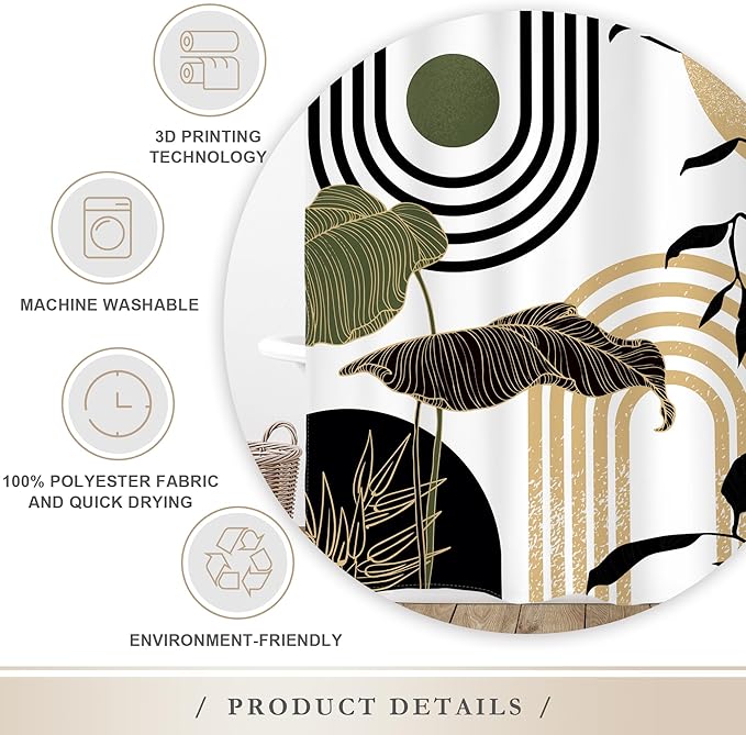 Glawry Green Gold Abstract Mid Century Shower Curtain Boho Retro Tropical Palm Sun Arch Minimalist Bathroom Modern Aesthetic Geometric 60Wx72L Inches Bath Accessories Home Decor Fabric 12 Pack Hooks