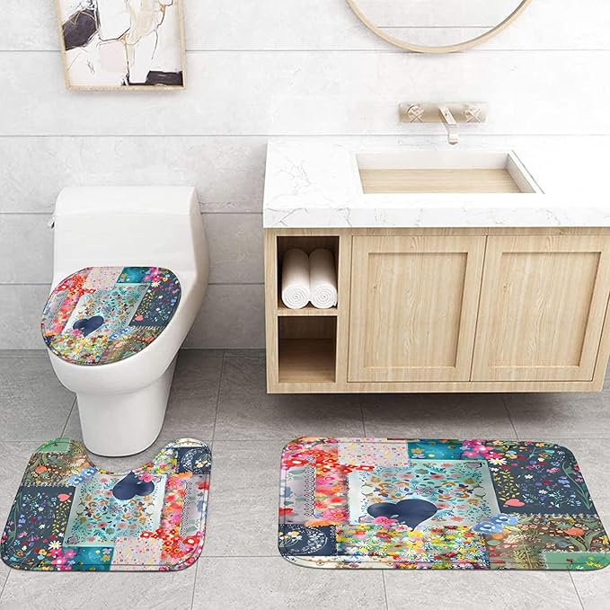 4-Piece Boho Floral Shower Curtain Bohemian Wildflower Design Bathroom Set with Shower Curtain and Rugs, Cute Fun Decorative Bath Set with Hooks for Home Decor