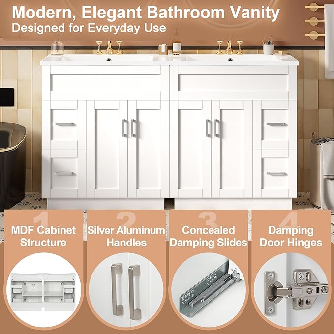 60" Bathroom Vanity Set with Double Sink, Harper & Bright Designs Vanity Cabinet with 4 Cabinet Doors, 4 Drawers, 2 Adjustable Shelves, Solid Wood Bathroom Cabinet with Resin Basin for Bathroom, White