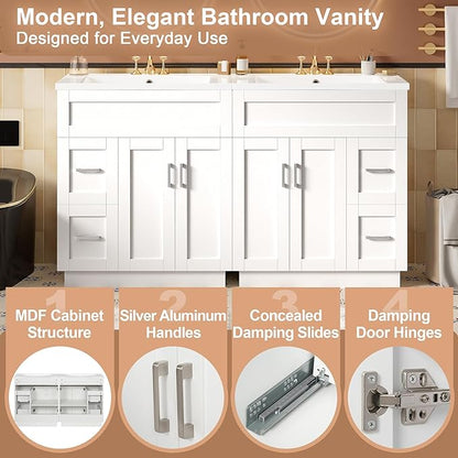 60" Bathroom Vanity Set with Double Sink, Harper & Bright Designs Vanity Cabinet with 4 Cabinet Doors, 4 Drawers, 2 Adjustable Shelves, Solid Wood Bathroom Cabinet with Resin Basin for Bathroom, White
