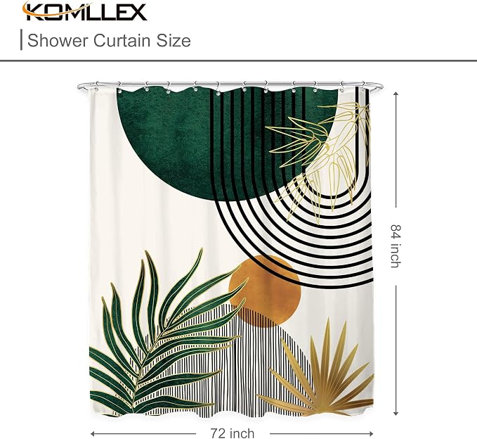 KOMLLEX Mid Century Green Boho Abstract Modern Bathroom Shower Curtain Set | 72Wx84L Plant Botanical design, waterproof HD print with fast-drying fabric and 12 hooks.
