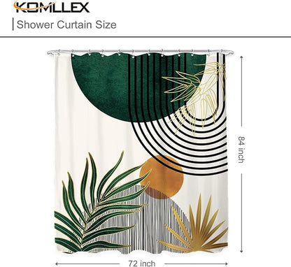 KOMLLEX Mid Century Green Boho Abstract Modern Bathroom Shower Curtain Set | 72Wx84L Plant Botanical design, waterproof HD print with fast-drying fabric and 12 hooks.