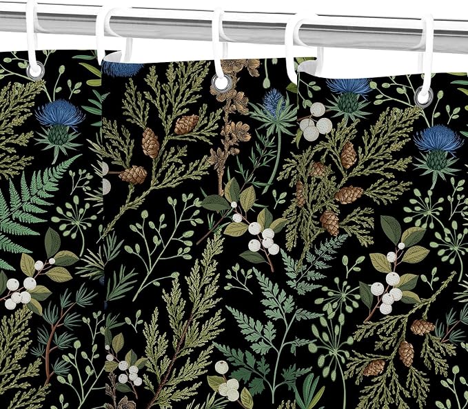 Vintage Botanical Shower Curtain, Elegant Boho Gothic Dark Green Ferns Floral Leaves Shower Curtain for Bathroom, Retro Whimsical Cottage Core Wildflower Farmhouse Curtain Bathroom Accessories 72X72