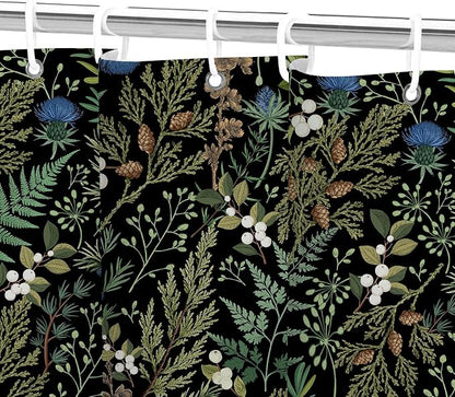 Vintage Botanical Shower Curtain, Elegant Boho Gothic Dark Green Ferns Floral Leaves Shower Curtain for Bathroom, Retro Whimsical Cottage Core Wildflower Farmhouse Curtain Bathroom Accessories 72X72
