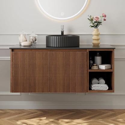 36" Modern Floating Bathroom Vanity with Single Sink - Wall Mounted Storage Bathroom Cabinet with Black Sintered Stone Countertop| Large Storage Space & Open Shelves, Dark Wood