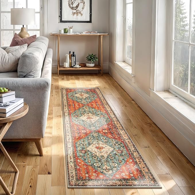 Lahome Felice Boho Tribal 2x8 Washable Kitchen Runner Rug, Soft Rug Runners for Hallways Non Slip, Vintage Oriental Indoor Throw Bathroom Carpet Runner for Entryway Bedroom (Rust/Dull Teal,2x8ft)