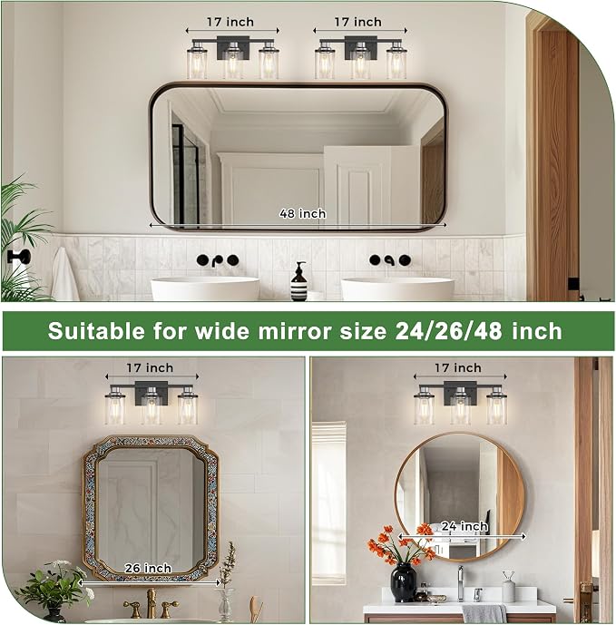 DORESshop 17 Inch 3-Light Black Nickel Bathroom Vanity Light | Modern Black Nickel Vanity Light Fixture, Clear Glass Shade Bathroom Wall Light, Mirror Lighting for Bedroom Living Room