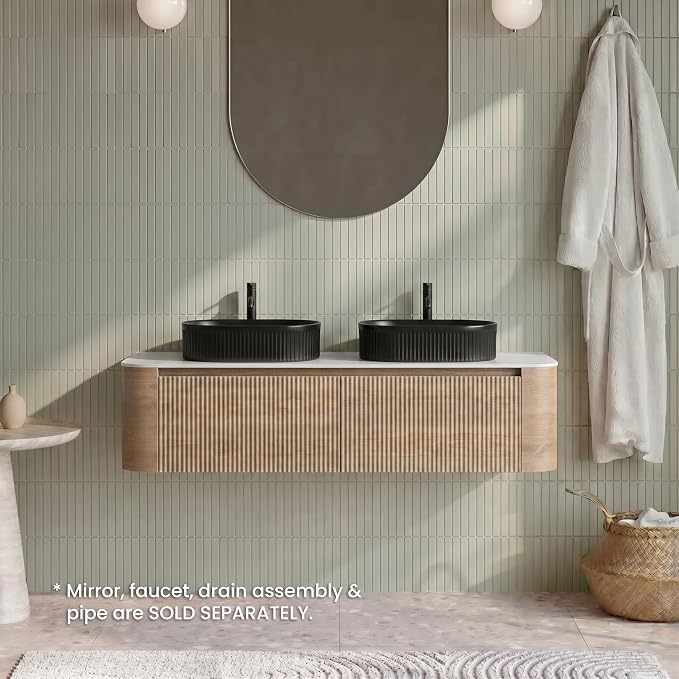 60" Preassembled Double Floating Bathroom Vanity with Black Sink, Oak | Mid-Century Modern Style, Fluted & Soft-Close Drawer with U-shaped Wall, Sinterted Stone Countertop, Towel Rack Included