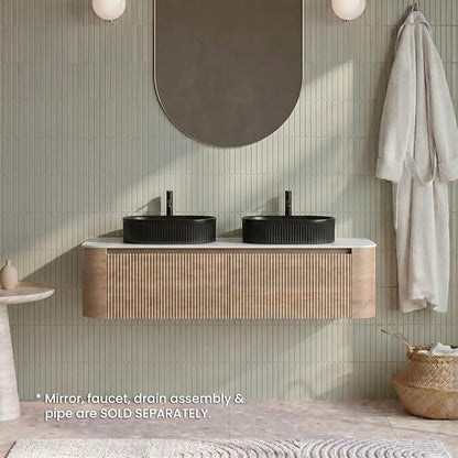 60" Preassembled Double Floating Bathroom Vanity with Black Sink, Oak | Mid-Century Modern Style, Fluted & Soft-Close Drawer with U-shaped Wall, Sinterted Stone Countertop, Towel Rack Included