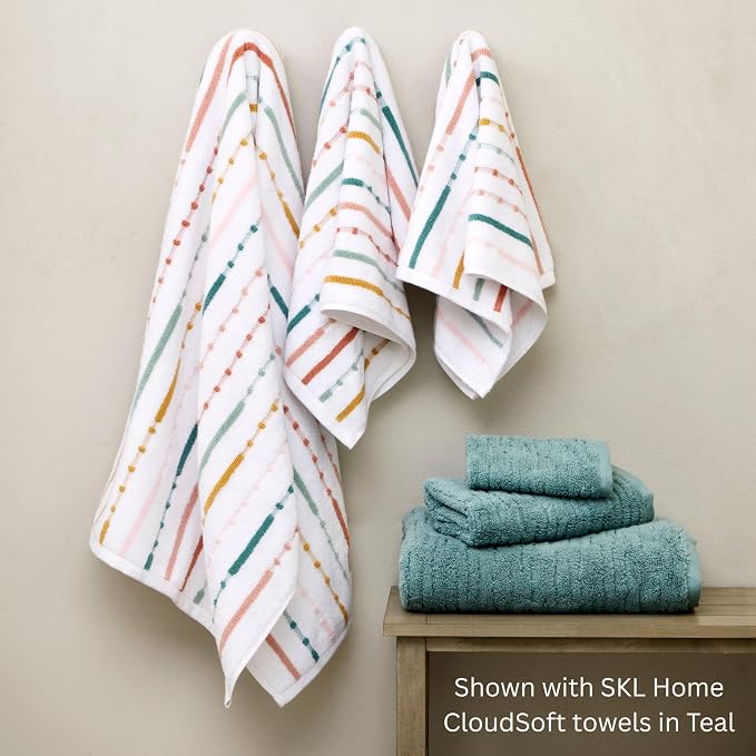 SKL Home Modesto Stripe Hand Towel Set-2pc, Premium 100% Cotton, Multi | 600 GSM weight. Spa-level quality. Soft & absorbent, reversible jacquard. For the bathroom, kitchen, bar or any sink space.