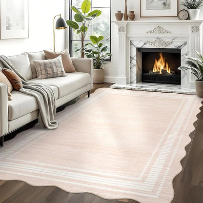 Garvee Washable Scalloped 5x7 Rug Living Room Rugs Natural Ivory | Rugs for Living Room, Non-Slip Soft Carpet for Bedroom, Scalloped Low-Pile Solid Rug Accent Rug for Dining Room Home Office