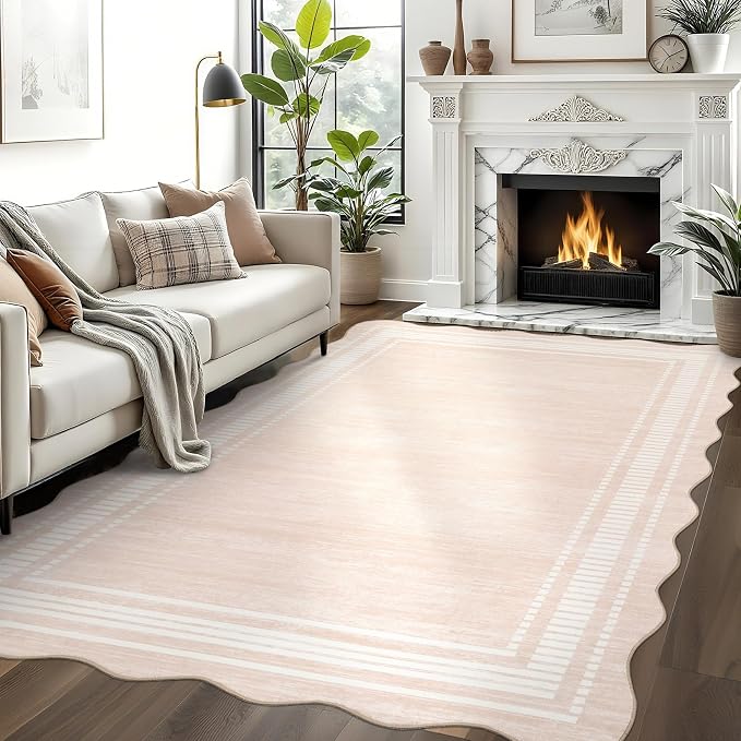 Garvee Modern Scalloped Rug 9x12 Washable Rugs for Living Room | Non-Slip Non-Shedding Faux Wool Soft Carpet, Minimalist Solid Neutral Large Floor Mats for Home Office Decor, Natural Ivory