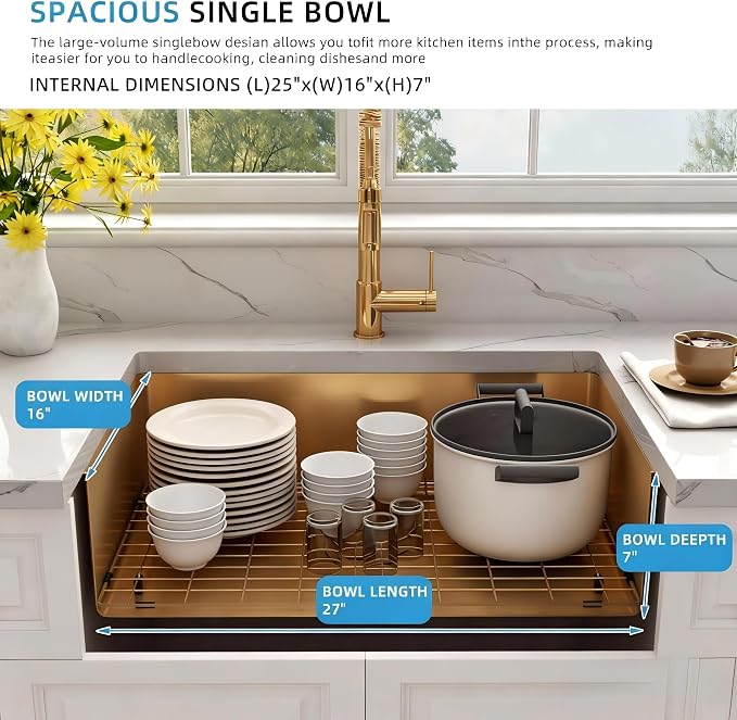 Kitsitchen Gold RV Ktichen Sink, 16 Gauge T304 Stainless Steel Undermount Kitchen Sinks with Strainer & Bottom Gird, 27" x 16" x 7" Single Bowl Drop in Kitchen Sinks Used at RV, Outdoor,Bathroom