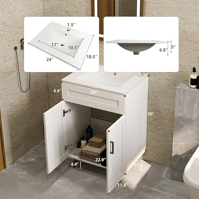 24 Inch Bathroom Vanity with Sink, Modern Wooden Freestanding Bathroom Storage Cabinet with 2 Doors and 1 Drawer, Metal Legs, Painted Surface, White
