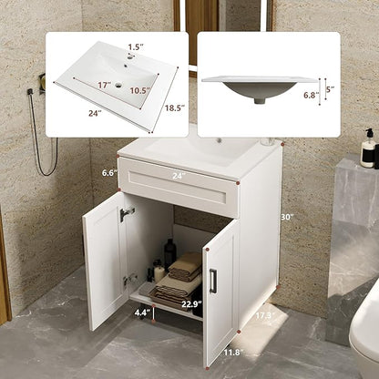 24 Inch Bathroom Vanity with Sink, Modern Wooden Freestanding Bathroom Storage Cabinet with 2 Doors and 1 Drawer, Metal Legs, Painted Surface, White