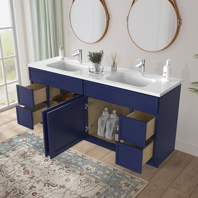 HomeBeyond 72 Inches Bathroom Vanity Base Cabinet Without Sink, Double Sink Top with Door & Soft Closing Drawers, Sturdy Floor Mounted Cabinet 2-Door 4-Drawer, Blue