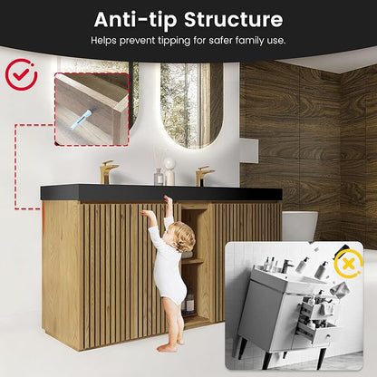 60" Bathroom Vanity with Double Sink, Freestanding Double Sink Bathroom Vanity with Black Engineered Stone Top, Open Storage Cabinet & Adjustable Shelf, 4 Soft-Closing Doors, Light Oak