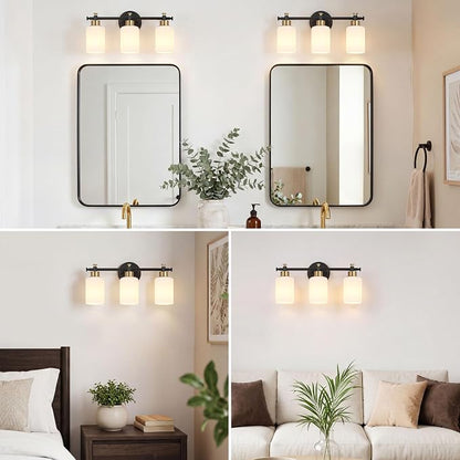 3 Light Black and Gold Bathroom Vanity Light Fixture over Mirror, 17.5'' | Vanity Lights for Bathroom, Bedroom, Living Room, White Frosted Glass Shades, Modern, E26(Bulbs Not Included)