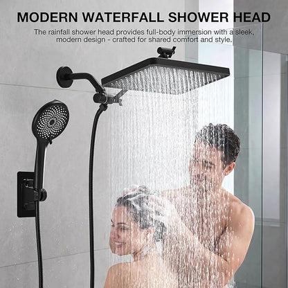 Shower Head with Handheld, Built-in Power Wash Mod High Pressure Rain Showerhead Spray Combo Set, Adjustable 13" Dual Tandem Shower Heads - Matte Black