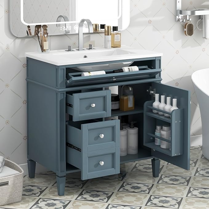 Merax 30 Inch Bathroom Vanity with Ceramic Sink, Solid Wood Frame Modern Bathroom Sink Storage Cabinet with 2 Drawers and a Tip-Out Drawer, Single Sink Bathroom Vanities, Indigo