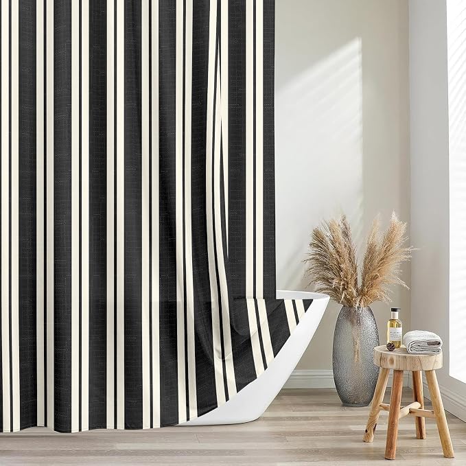 Tititex Cute Candy Cane Striped 140gsm Faux Linen Fabric Shower Curtain, Elegant Classic Black Beige Shower Curtain Sets Decoration 72x84 Inch with Hooks