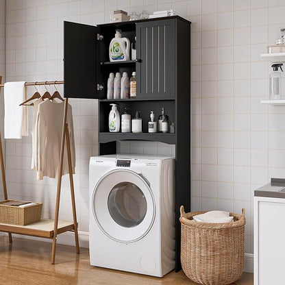 Over The Toilet Storage Cabinet for Small Bathrooms, Freestanding Space Saver with Double Doors & 2 Fixed Shelves, Stable Wood Organizer with Anti-Tip Kit, Fits 33-Inch Clearance Black