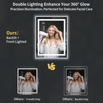 24"x32" LED Bathroom Mirror with Lights, Backlit+Frontlit, Anti-Fog | CRI 95, Stepless Dimmable, 3 Colors Lighting, Shatterproof Tempered Glass, HD Reflection, Memory, (Horizontal/Vertical)