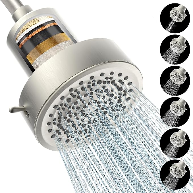 Filtered Shower Head, Shower Head with Filters for Healthy Hair & Skin | Filtered Shower Head for Hard Water,Removes Chlorine & Heavy Metals,6 Mode Settings,High Pressure,Easy Install,Water Softener