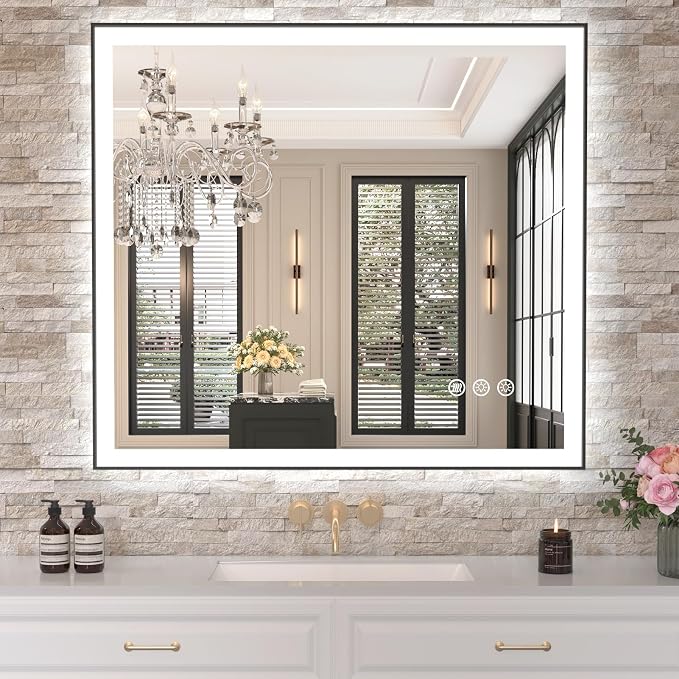 40"x36" LED Bathroom Mirror, Frontlit&Backlit, Controlled Separately | Black Metal Frame, Stepless Dimmable, Anti-Fog, HD Reflection, Shatter-Proof, 3 Colors Lighting, Memory, UL Listed