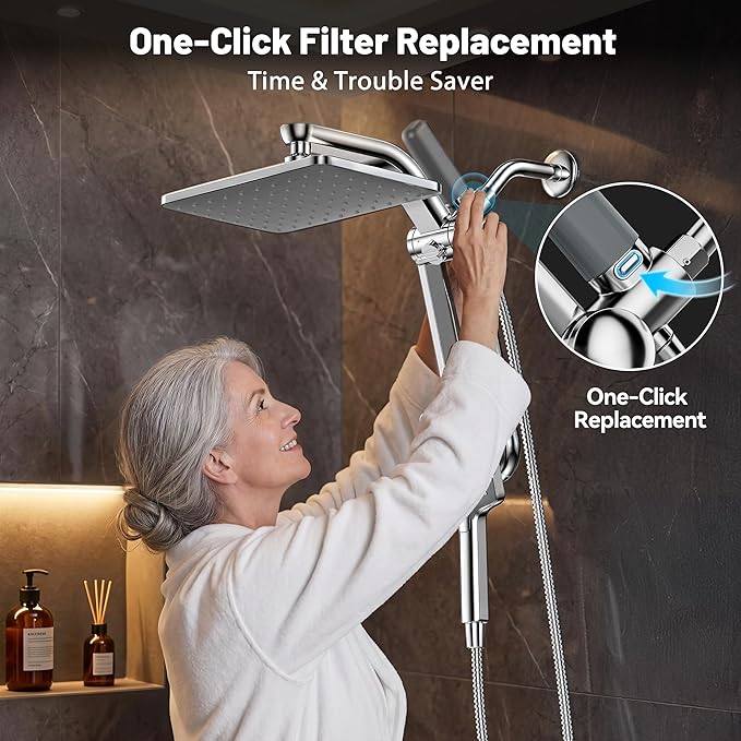 Dual Filtered Rainfall Handheld Showerhead Spray Combo with 7 Modes | 2026 Upgraded Shower Head Combo, Dual Filtration For Skin & Hair Care, One-Button Filter Replacement, Modern Chrome