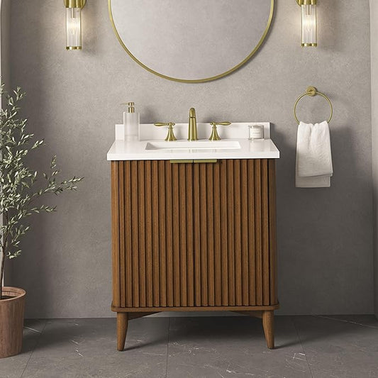 OVE Decors Indy 30 in. Undermount Single Sink Bathroom Vanity with White Engineered Marble Top, Warm Walnut