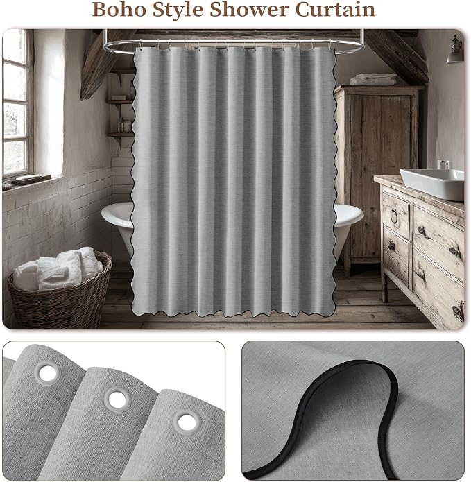 BTTN 84x72 Boho Scalloped Linen Textured Cloth Shower Curtain, Grey/Gray | Wide Size, 230GSM Waterproof Polyester, Heavy Duty Fabric, 14 Plastic Hooks, Elegant Modern Farmhouse Style, Machine Washable