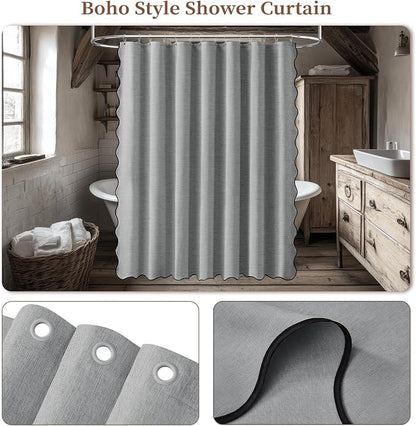 BTTN 84x72 Boho Scalloped Linen Textured Cloth Shower Curtain, Grey/Gray | Wide Size, 230GSM Waterproof Polyester, Heavy Duty Fabric, 14 Plastic Hooks, Elegant Modern Farmhouse Style, Machine Washable