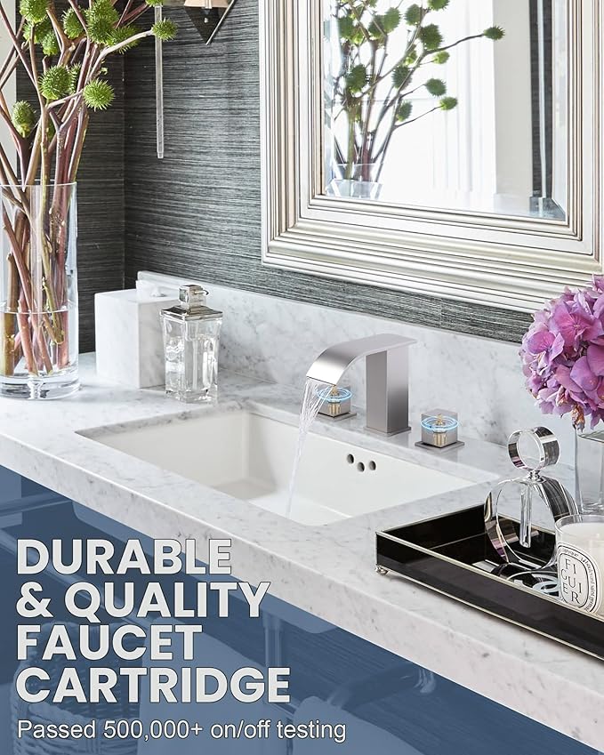 ARCORA Brushed Nickel Waterfall Bathroom Faucet - 8 Inch Widespread Bathroom Faucets for Sinks 3 Hole, Modern 2 Handles Bathroom Sink Faucet with Pon Up Drain and cUPC Supply Lines