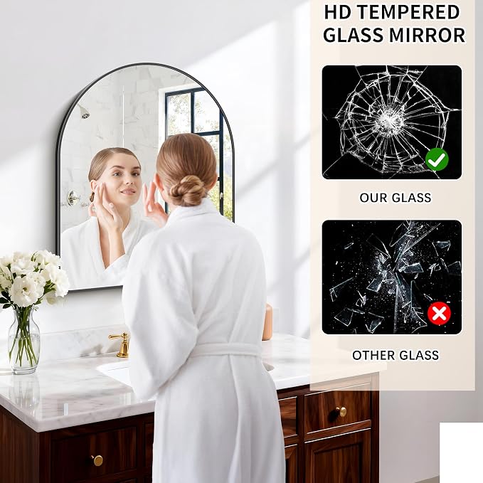 FORBATH Arched Bathroom Mirror 24x30 Inch, Black Bathroom Mirror Wall Mounted Modern Aluminum Alloy Frame Arch Mirror for Bedroom Living Room Entryway, Hanging or Leaning Against Wall