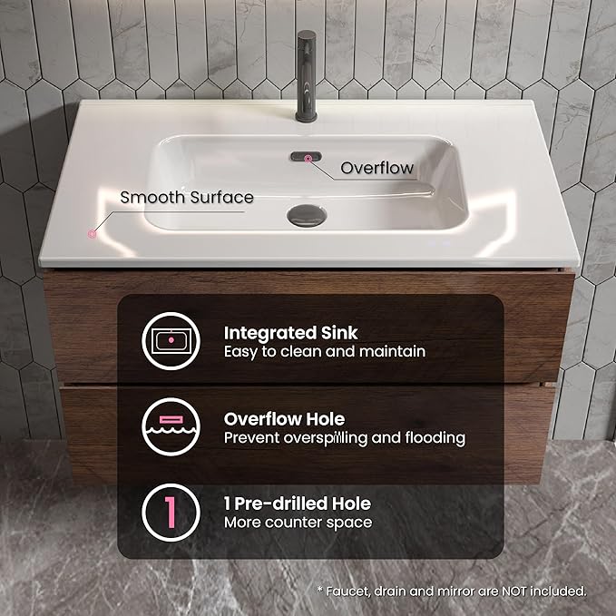 36" Bathroom Vanity with Sink, Modern Floating Vanity with Double Soft Closing Drawers, Large Storage for Small Space, Walnut, Fully Assembled - Iris Collection