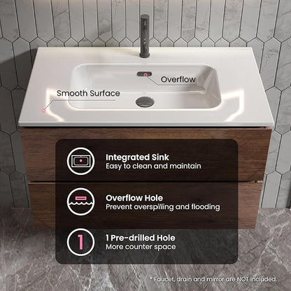 36" Bathroom Vanity with Sink, Modern Floating Vanity with Double Soft Closing Drawers, Large Storage for Small Space, Walnut, Fully Assembled - Iris Collection