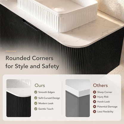 60 Inch Double Sink Bathroom Vanity, Floating Wall Mounted Cabinet, Black Curved Fluted Front, Stone Top, Dual White Textured Rectangular Vessel Basins, Pre-Assembled