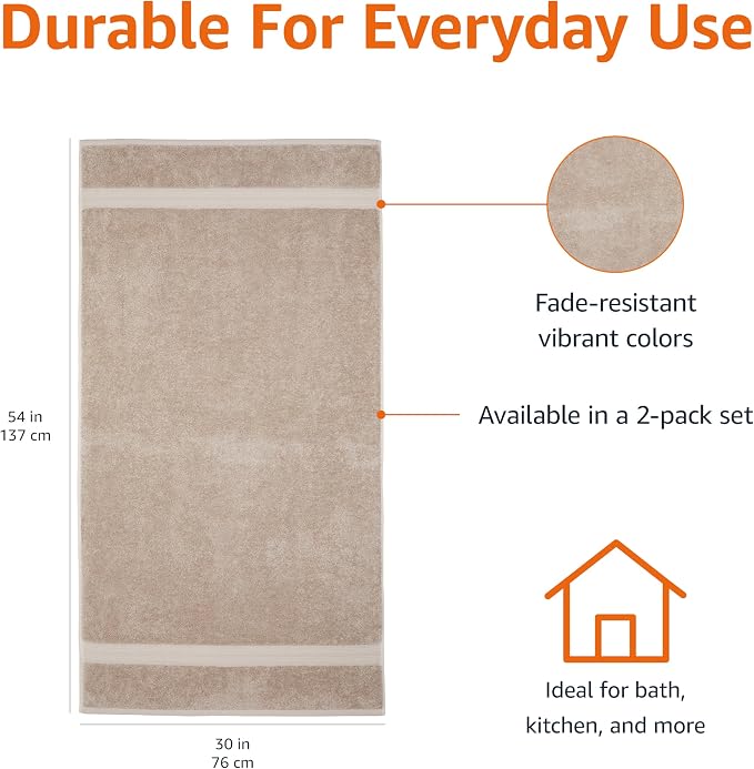 Amazon Basics Fade-Resistant 100% Cotton Bath Towel, Machine Washable, 30"x54", Taupe, 2-Pack