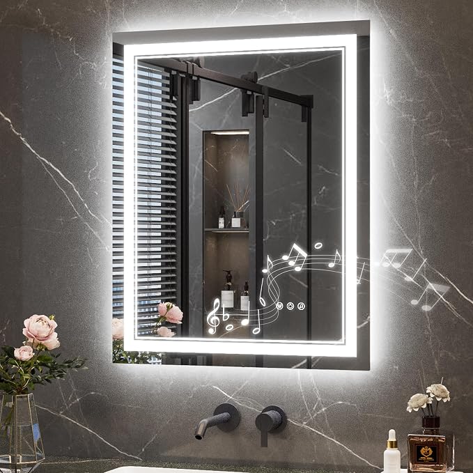 Keonjinn 24" x 30" LED Bathroom Mirror with Lights, Frontlit & Backlit | Bluetooth Speaker, Bluetooth Mirror Bathroom, Dimmable 3-Color Lights, Tempered Glass, Anti-Fog, CRI90+, Plug-in/Hardwired