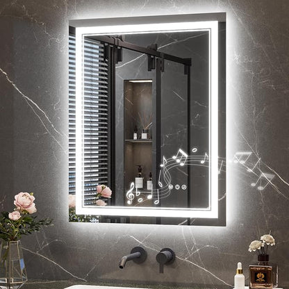 Keonjinn 24" x 30" LED Bathroom Mirror with Lights, Frontlit & Backlit | Bluetooth Speaker, Bluetooth Mirror Bathroom, Dimmable 3-Color Lights, Tempered Glass, Anti-Fog, CRI90+, Plug-in/Hardwired